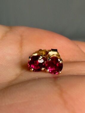 Solid 14K Yellow Gold Lab Created Ruby Stud Earrings 4mm Round July Birthstone